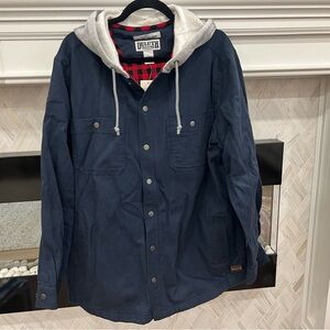 Duluth Trading Co Fire Hose Standard Fit Hooded Limber Jacket Navy w. Red Plaid